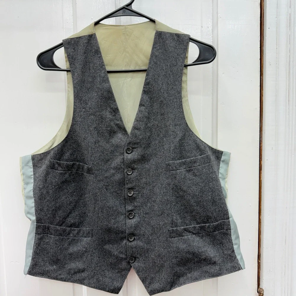 Vintage Chaps Ralph Lauren Mens Grey Virgin Wool 2 Piece Suit Jacket Vest Tweed